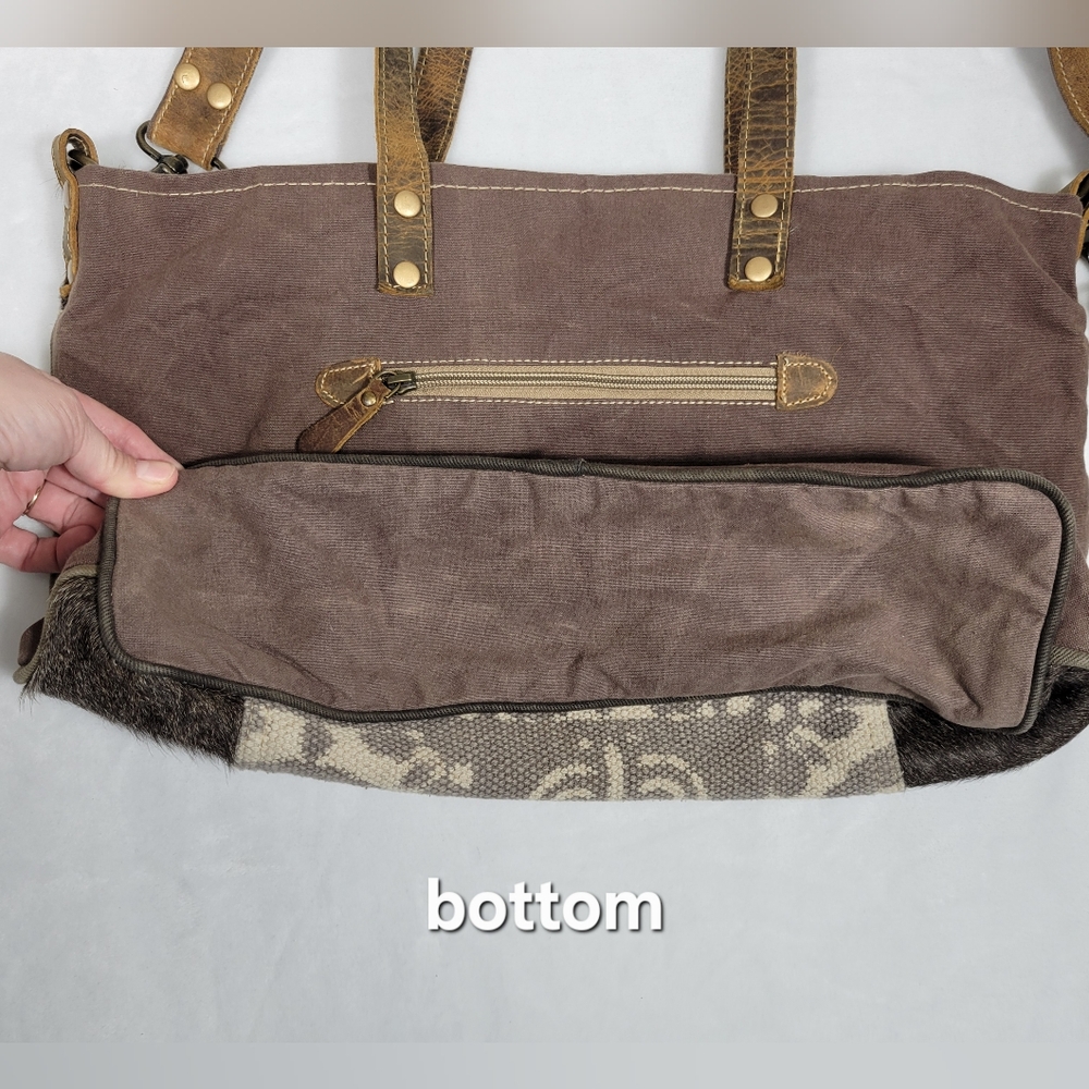 Myra EUC Ace Cowhide Canvas Messenger Bag Leather Straps Bohowestern Aztec Retro - Picture 3 of 16